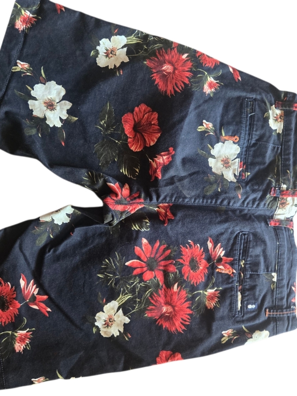Denim & Flower Navy Floral Print Flat-Front Shorts with Red Accents - Picture 3 of 6